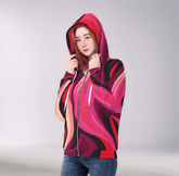 Prague vibrant crimson, plum, and red abstract print zip up unisex hoodie. The Airline Series hoodie features a comfortable relaxed fit and kangaroo pocket with a retro chic look. Blissfully Bran